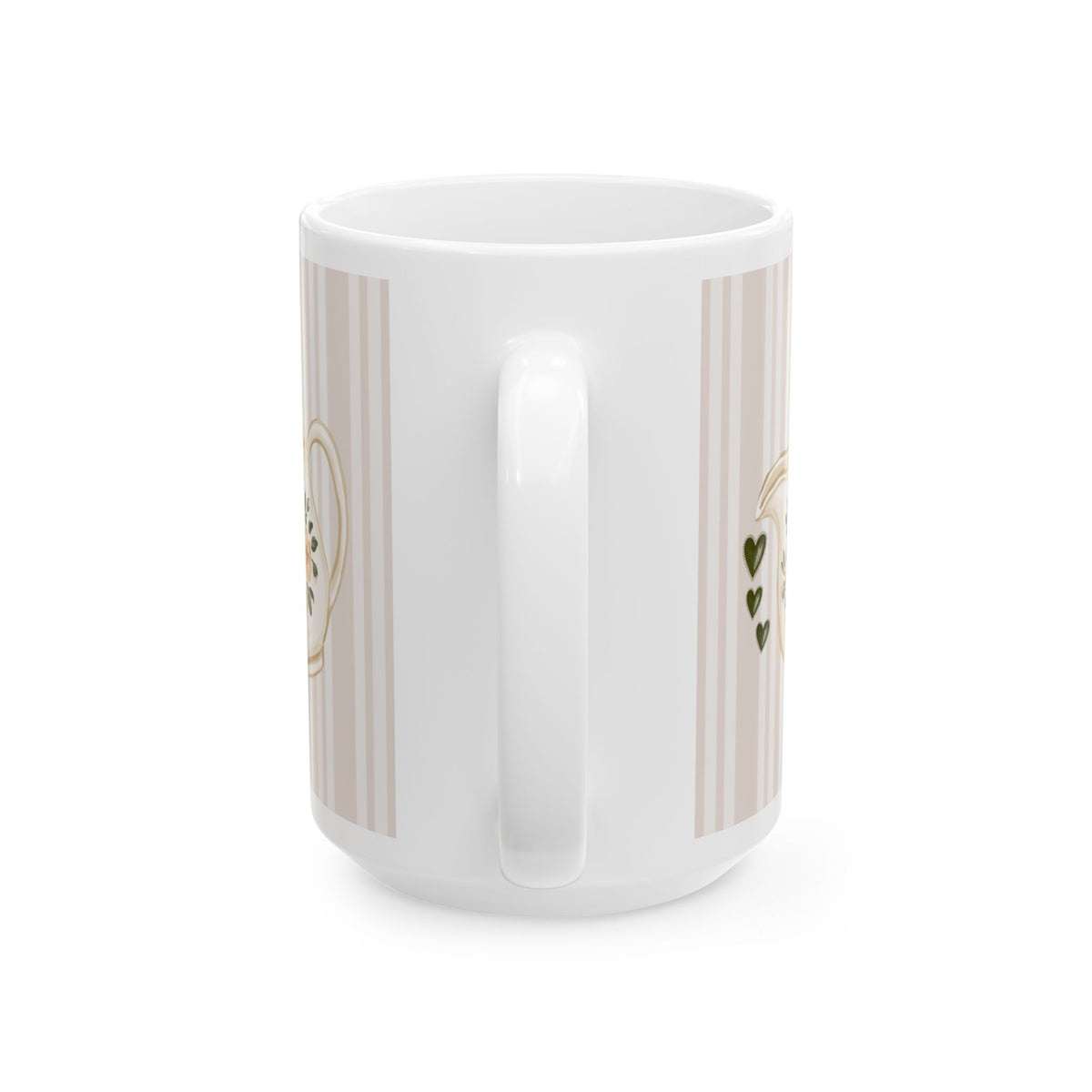 A white ceramic mug with a handle, decorated with vertical beige stripes and small gold and green heart details, shown against a plain white background.