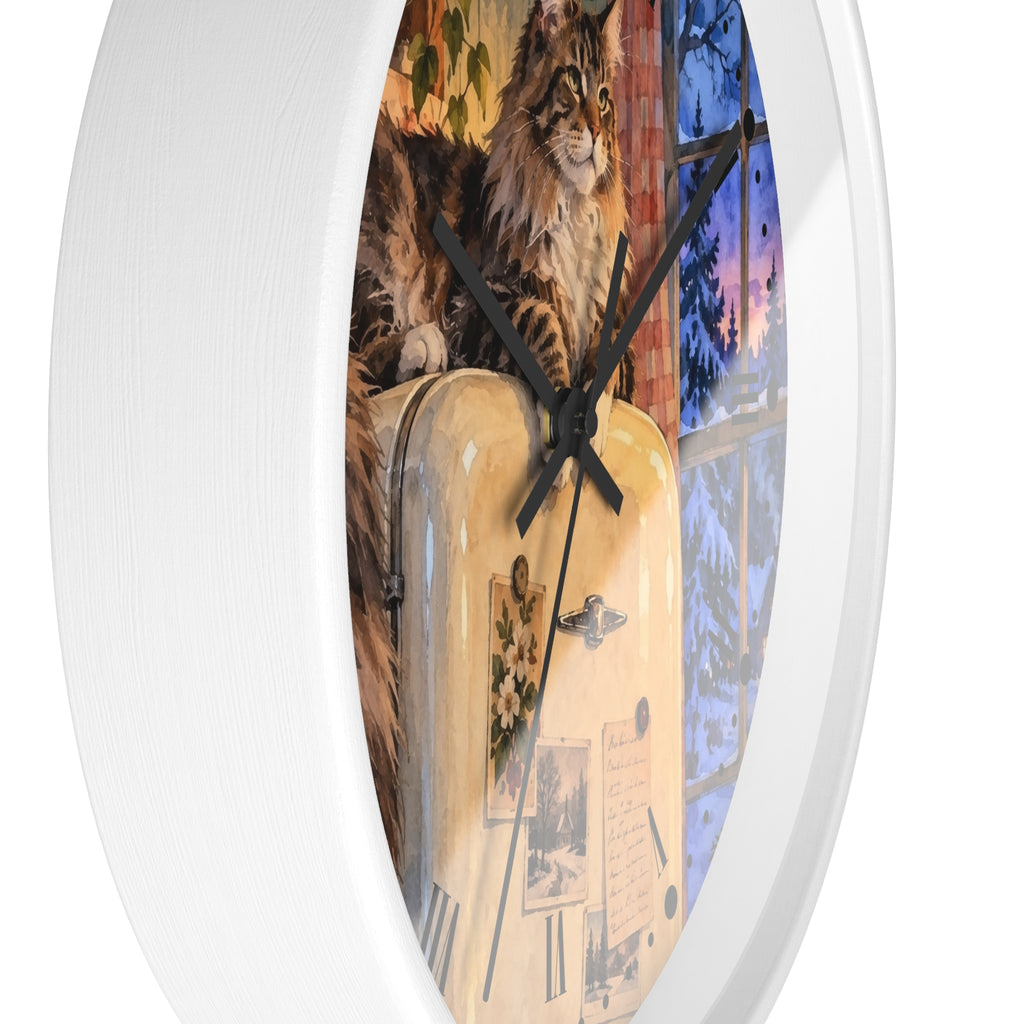 Vintage Main Coon Winter Window Wood Wall Clock