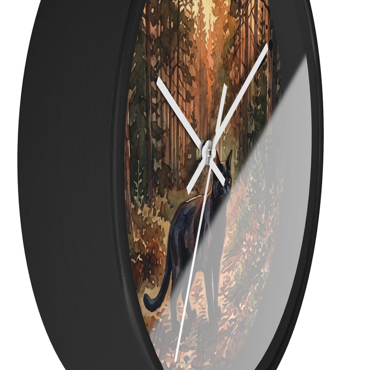 Black Cat Sunset Forest Wall Clock — Autumn Woodland Decor
