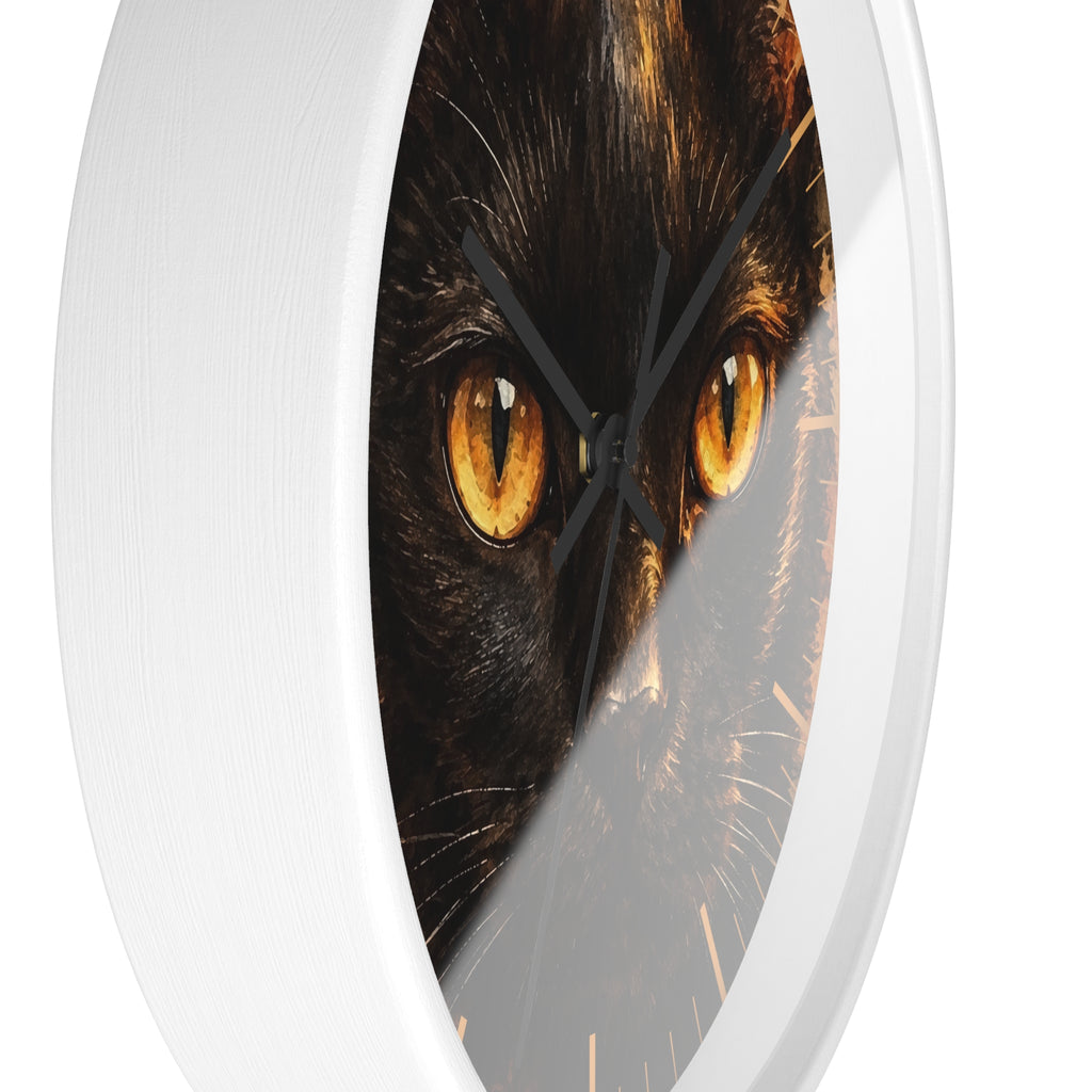 Watercolor Black Cat Wood Wall Clock - Cheetah Print Background