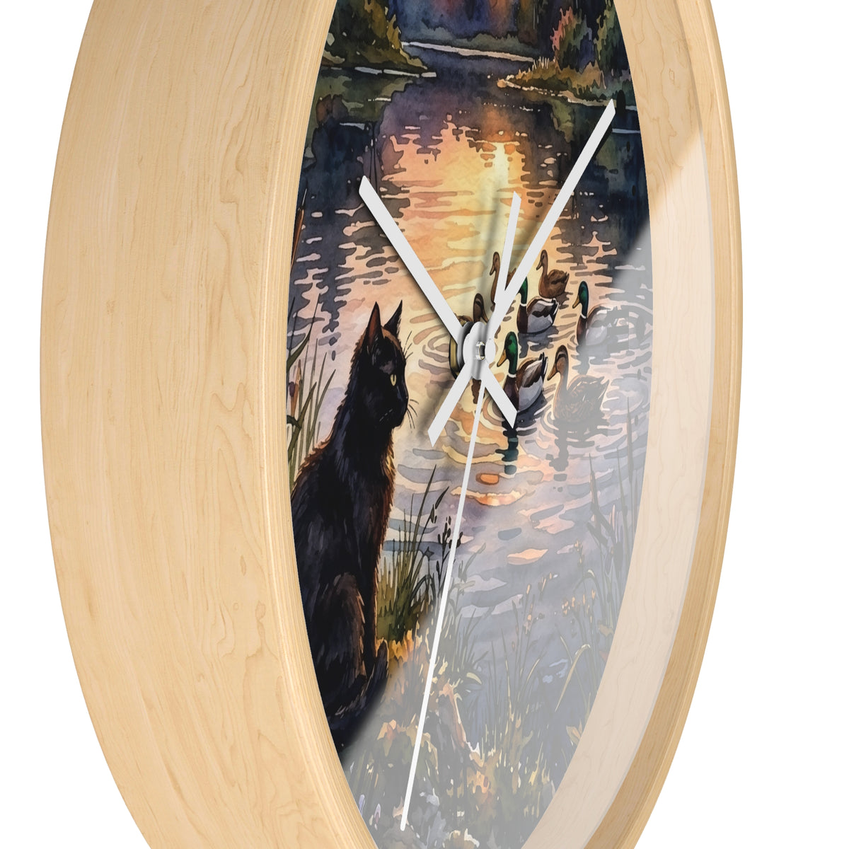 Black Cat and Ducks at Sunset Lake Wood Wall Clock