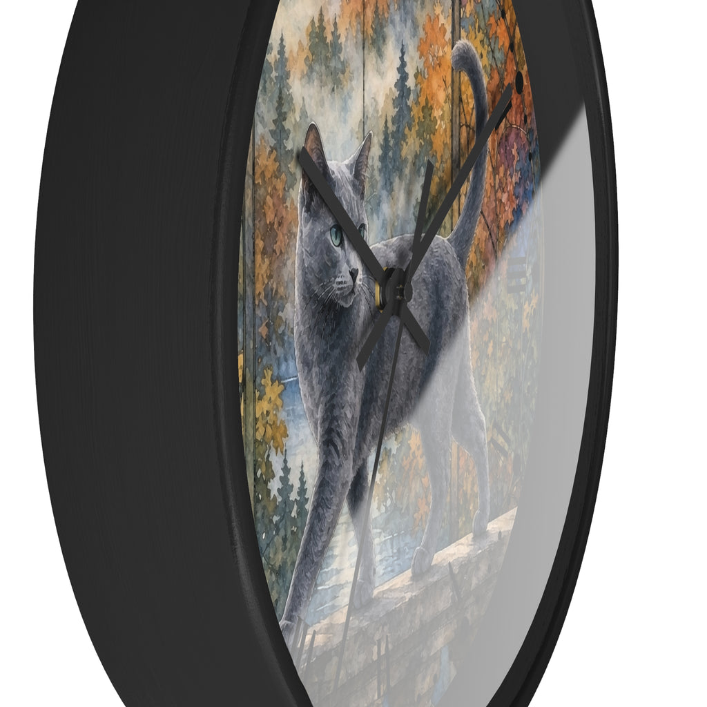 Majestic Gray Cat in Autumn Forest Wall Clock