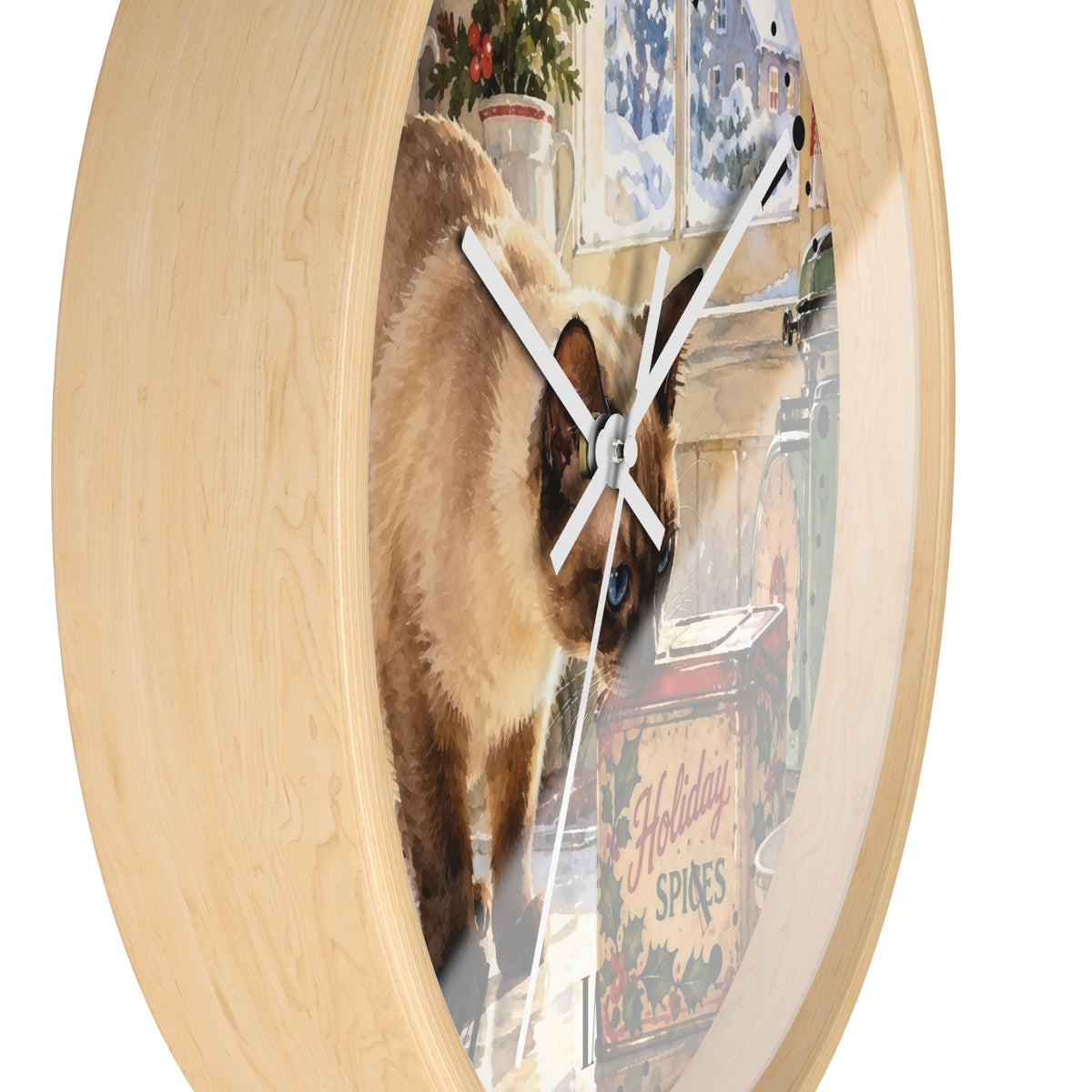 Retro Holiday Spice Siamese Cat Wood Wall Clock - Cat Lover Kitchen Decor