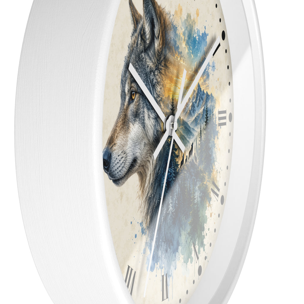 A round wall clock with a white frame and a printed wolf illustration over a watercolor-style background. The clock face includes Roman numerals and white hands, shown against a plain white background.
