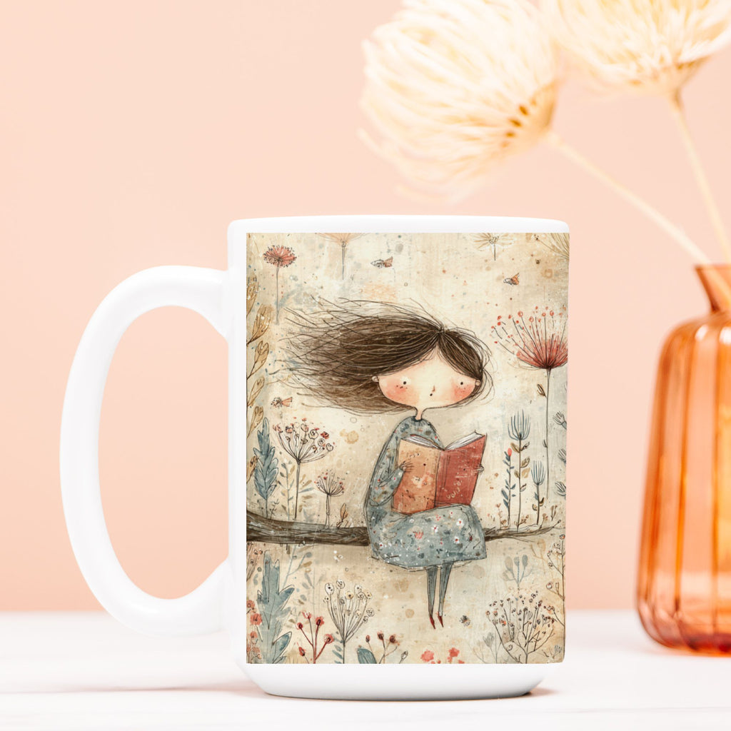 Mug with a design of a girl reading a book surrounded by flowers on a peach background.