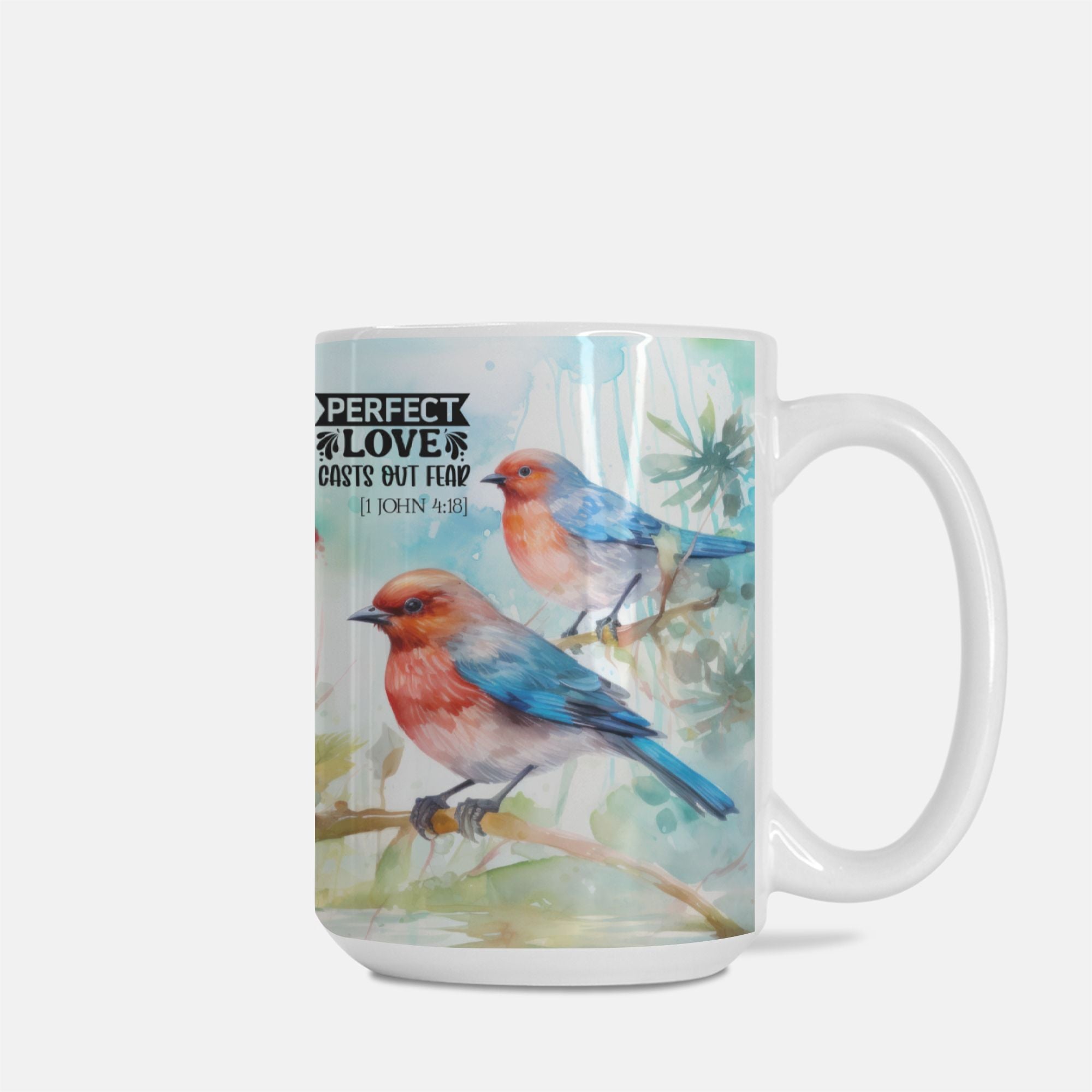 Mug with birds on a branch design and text on a white background