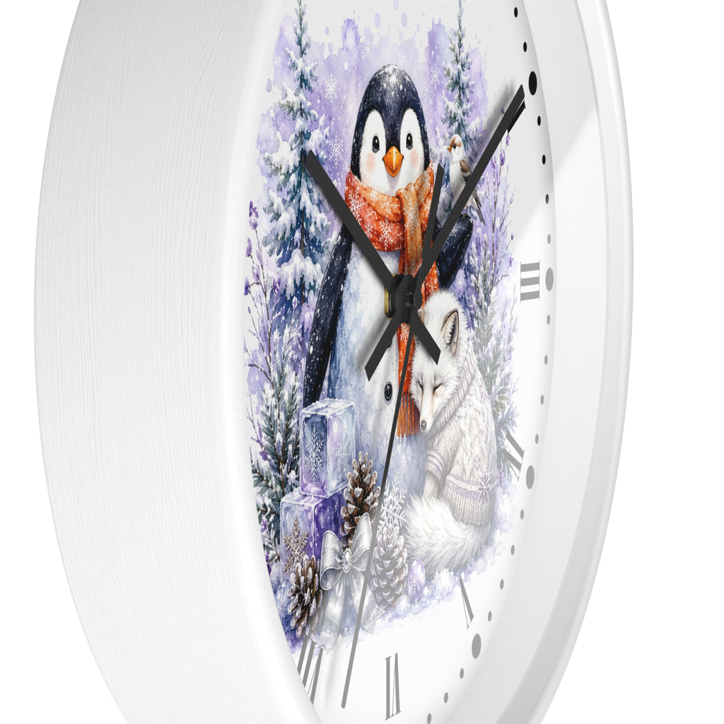 Winter Penguin & Fox Wall Clock – Festive Snowy Forest Decor