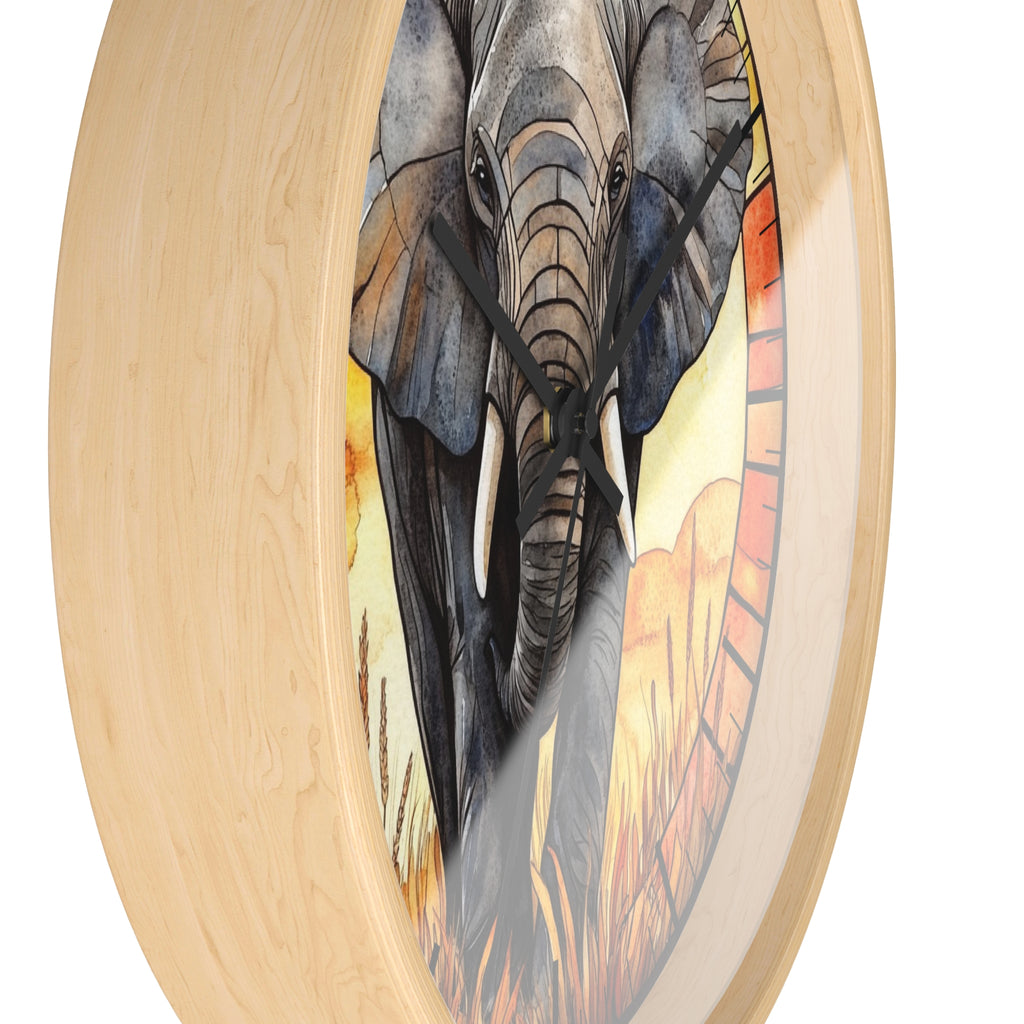 Round wall clock with a light natural wood frame and a printed elephant illustration on the face, shown against a plain white background.