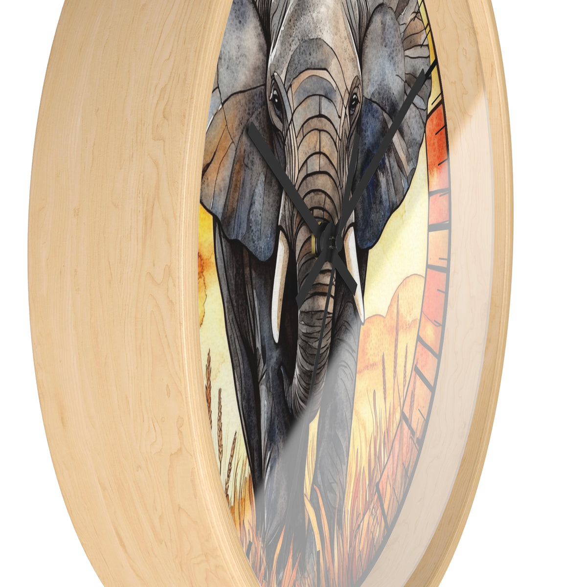 Round wall clock with a light natural wood frame and a printed elephant illustration on the face, shown against a plain white background.