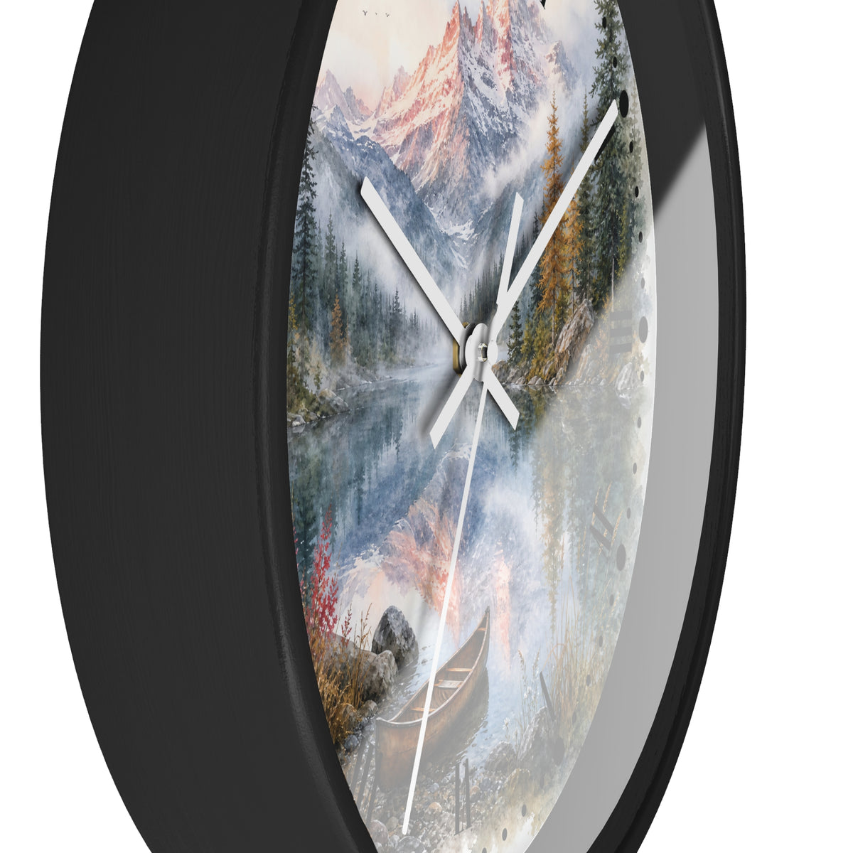 Round wall clock with a black frame and a scenic landscape print featuring mountains, a lake, trees, and a canoe, shown against a white background.