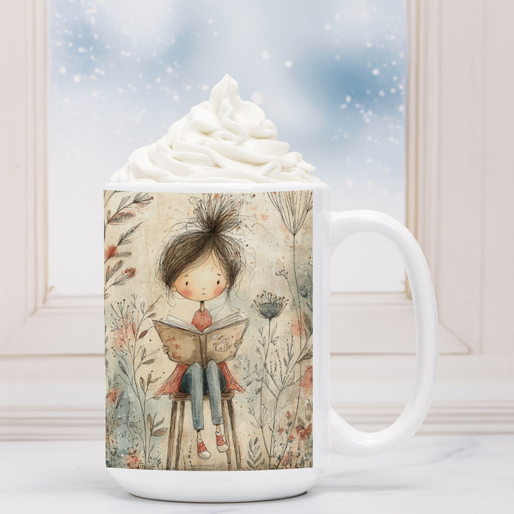 Mug with a design of a girl reading a book in a garden, topped with whipped cream.