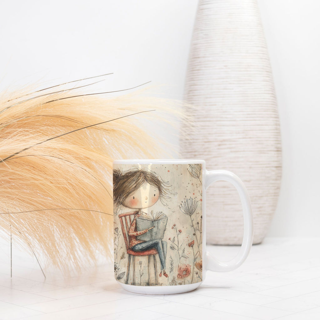 Mug with a design of a person sitting on a chair, placed on a light surface with decorative elements.