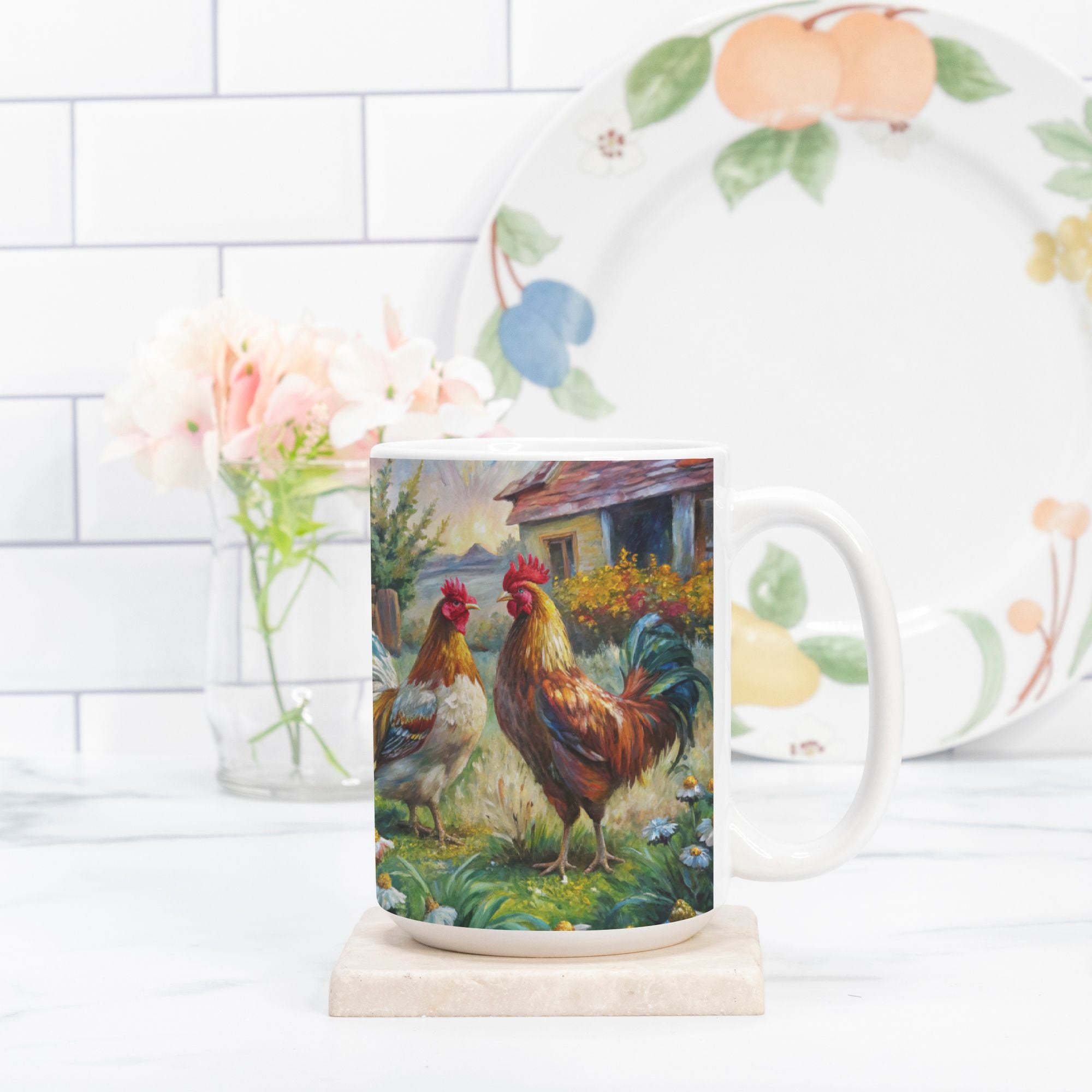 Mug with rooster design on a kitchen counter with a plate and flowers in the background.