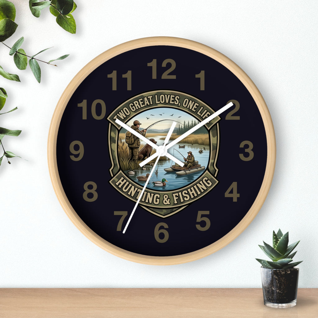 Hunting & Fishing Wall Clock — “Two Great Loves, One Life” Rustic Outdoors Decor