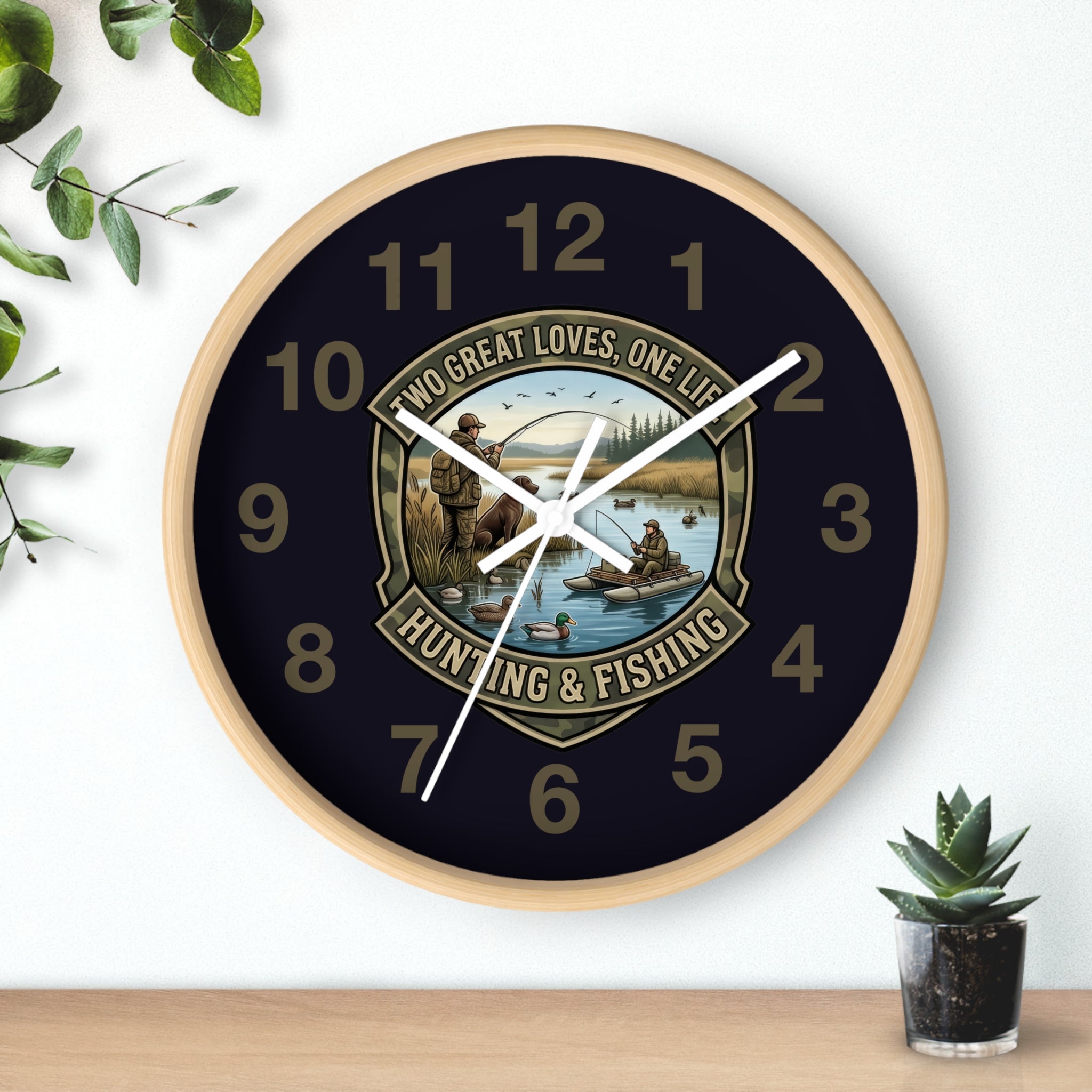 Hunting & Fishing Wall Clock — “Two Great Loves, One Life” Rustic Outdoors Decor