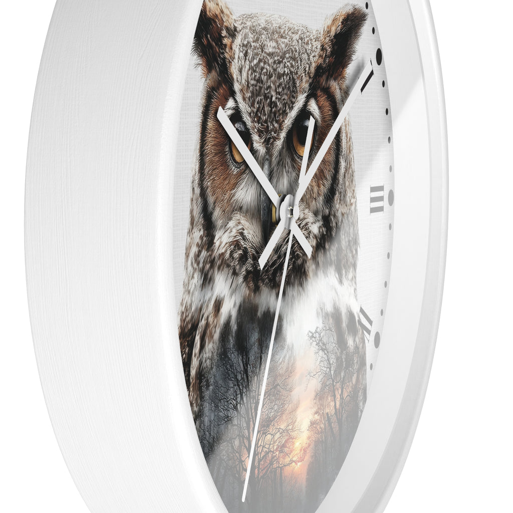 A white oval wall clock featuring a large owl face printed across the center, with white hands and black Roman numerals on a clean white background.