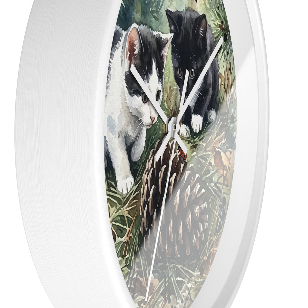 Watercolor Playful Kittens in the Pines Wood Wall Clock - Cat Lover Decor