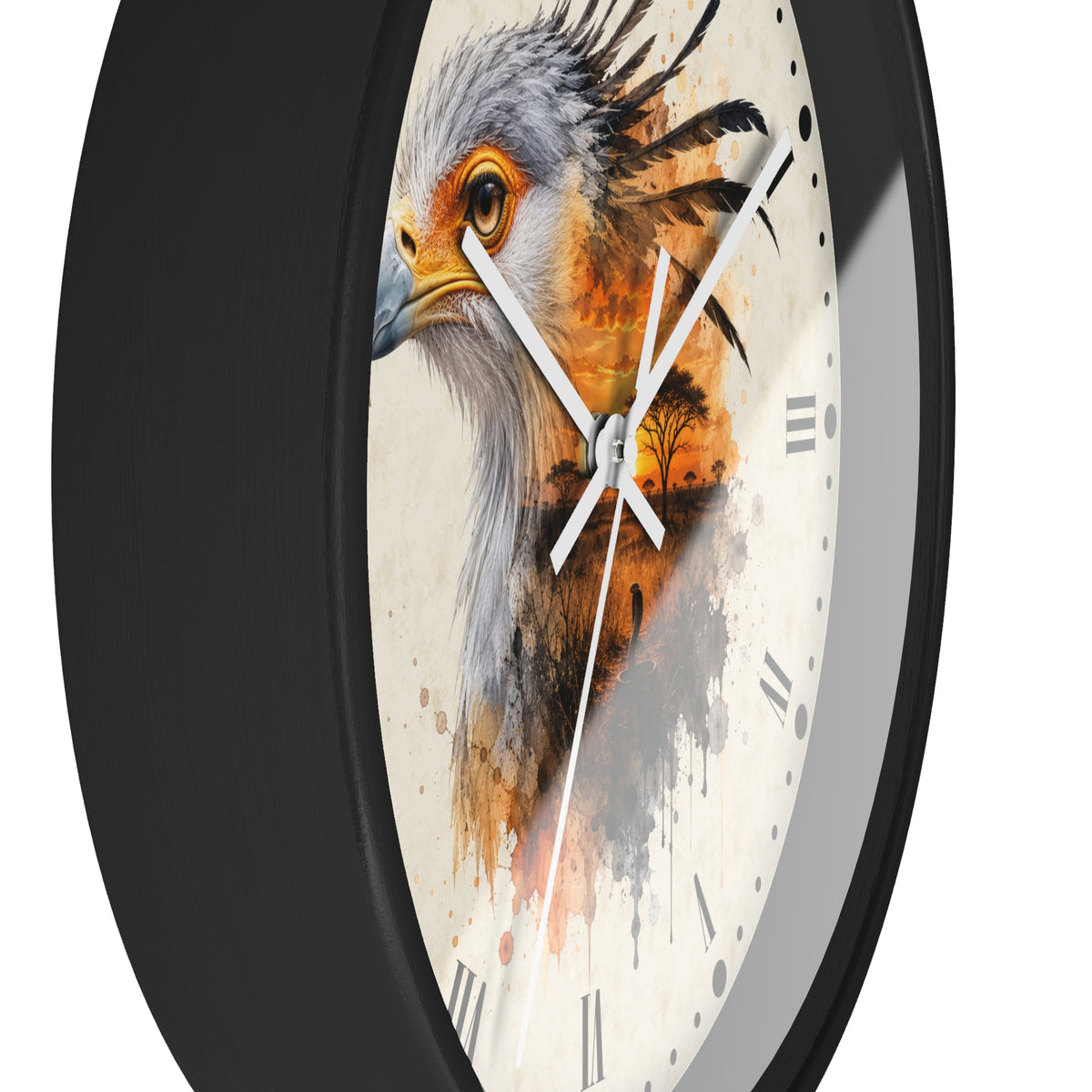 A close-up of a round wall clock with a black frame and a cream-colored face featuring a painted bird design in gray, orange, and brown tones with Roman numerals.
