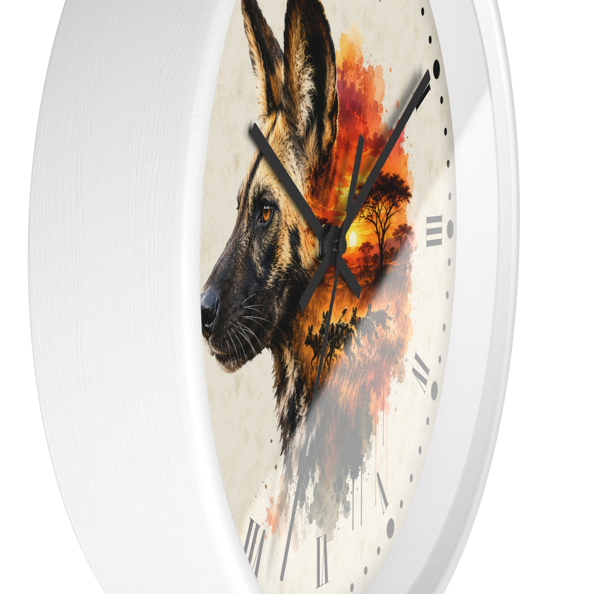 A round wall clock with a white frame and a printed design featuring a African wild dog's head over an orange sunset landscape with a tree, set against a clean white background.