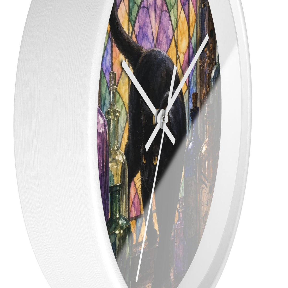 Round wall clock with a white frame and a printed face showing a black cat in front of a colorful stained-glass-style background with wine bottles.