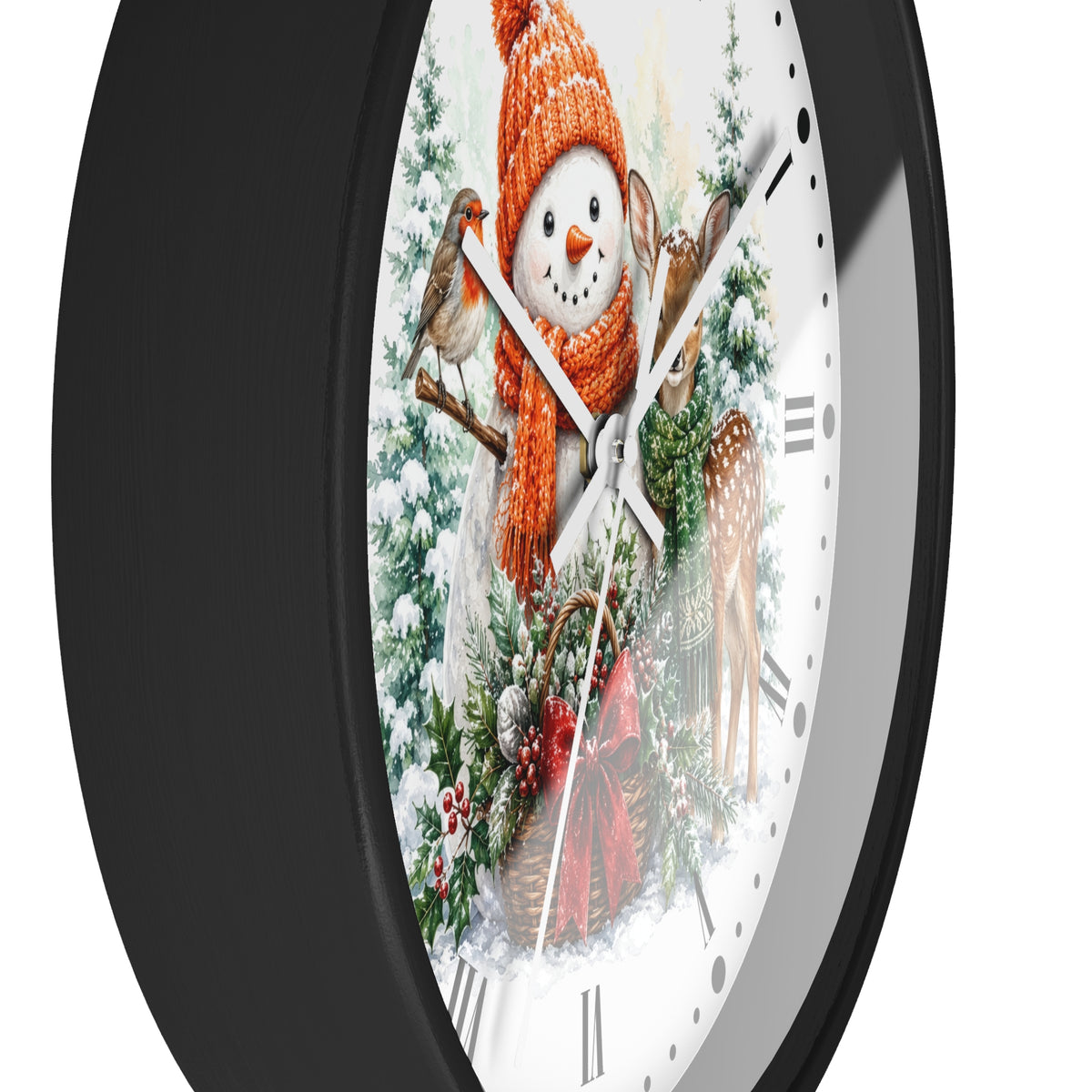 Holiday Snowman Robin Bird & Fawn Wall Clock — Festive Christmas Decor
