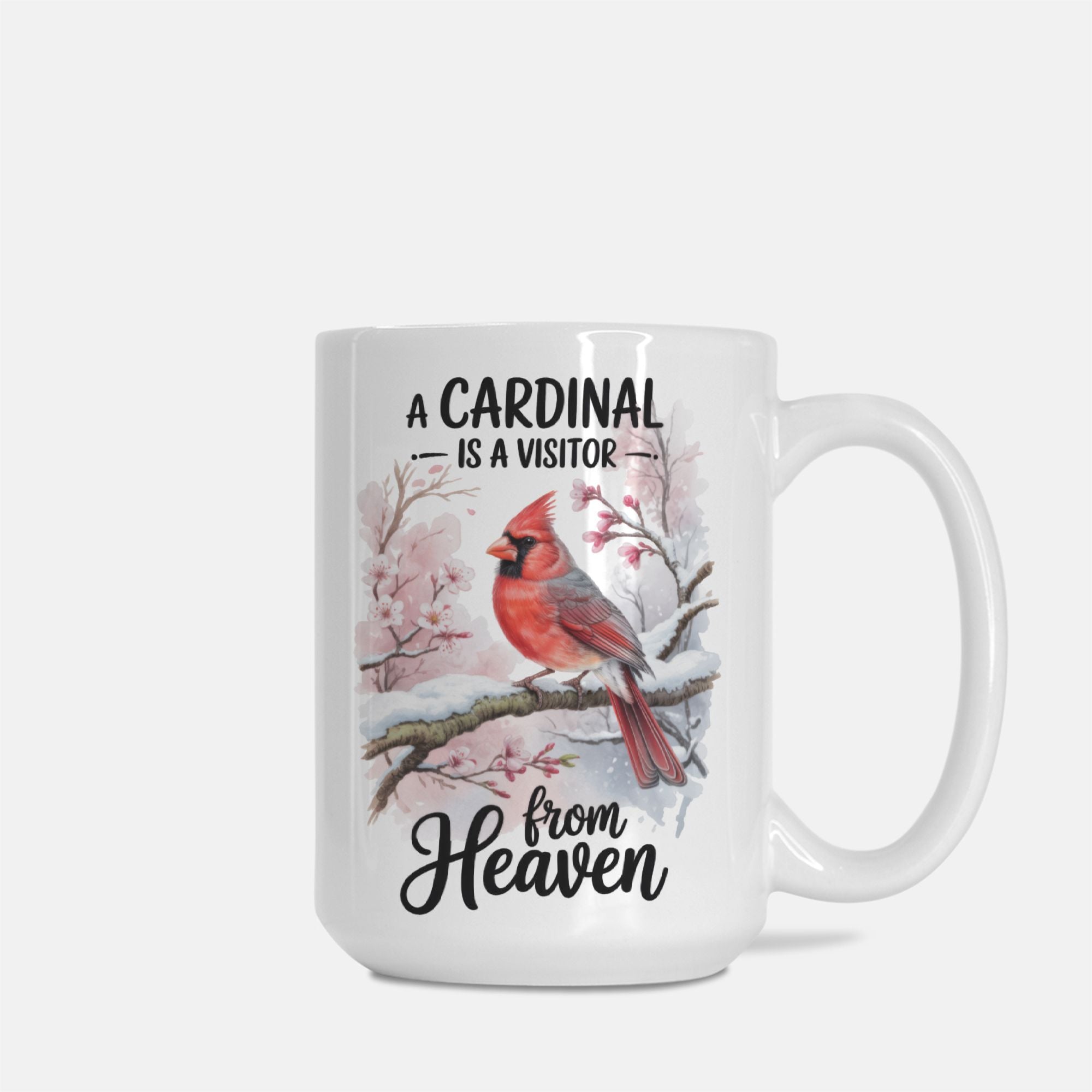Mug with a cardinal design and text on a white background