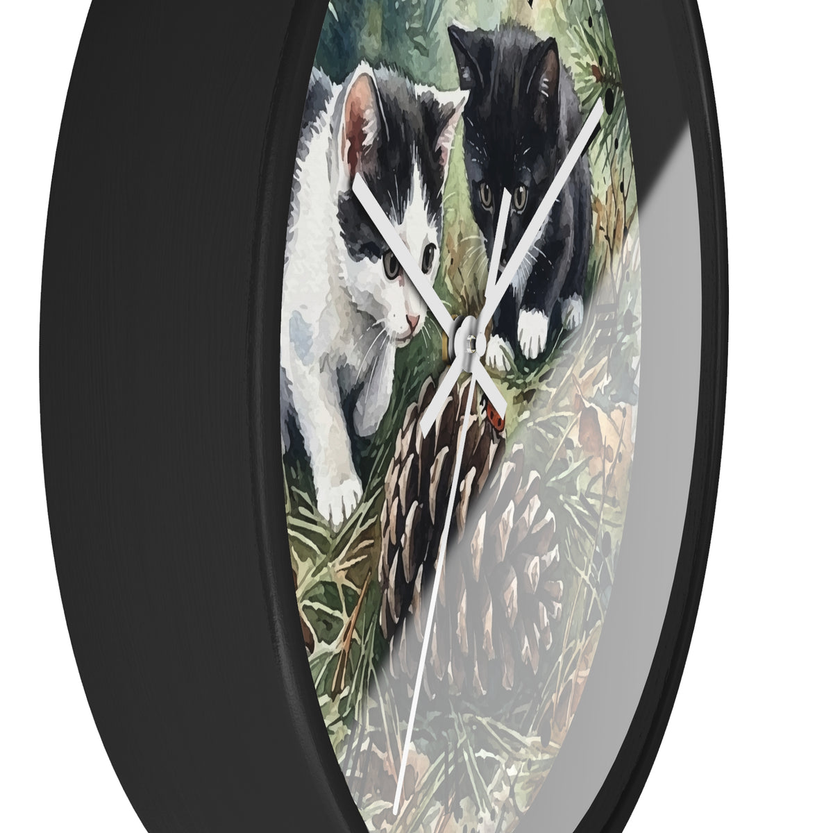 Watercolor Playful Kittens in the Pines Wood Wall Clock - Cat Lover Decor