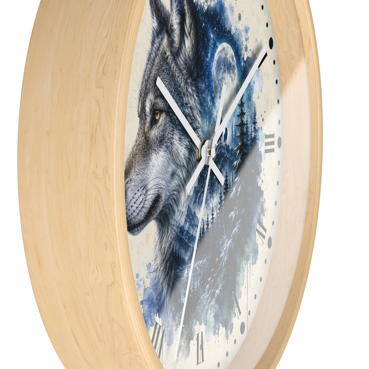 A round wall clock with a light natural wood frame and a printed face featuring a wolf over a blue-toned forest scene with Roman numerals and white hands.