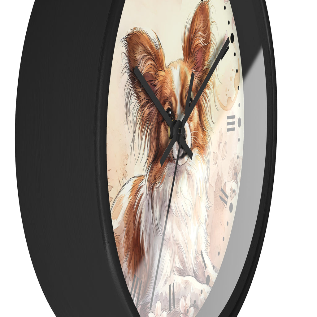 Watercolor Papillon Dog Wall Clock — Floral Portrait Timepiece for Dog Lovers