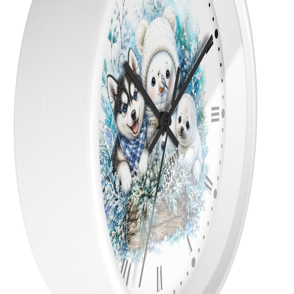 Winter Friends Wall Clock — Snowman, Husky & Seal Holiday Decor