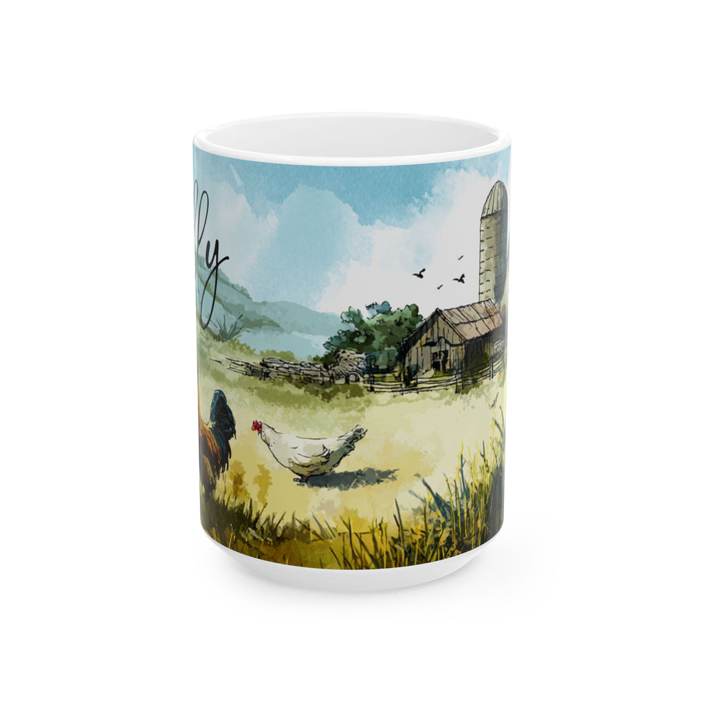 Mug with a farm scene design featuring chickens and a barn.