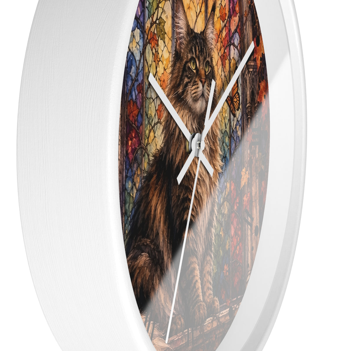 Main Coon Tabby Stained Glass Cat Wood Wall Clock