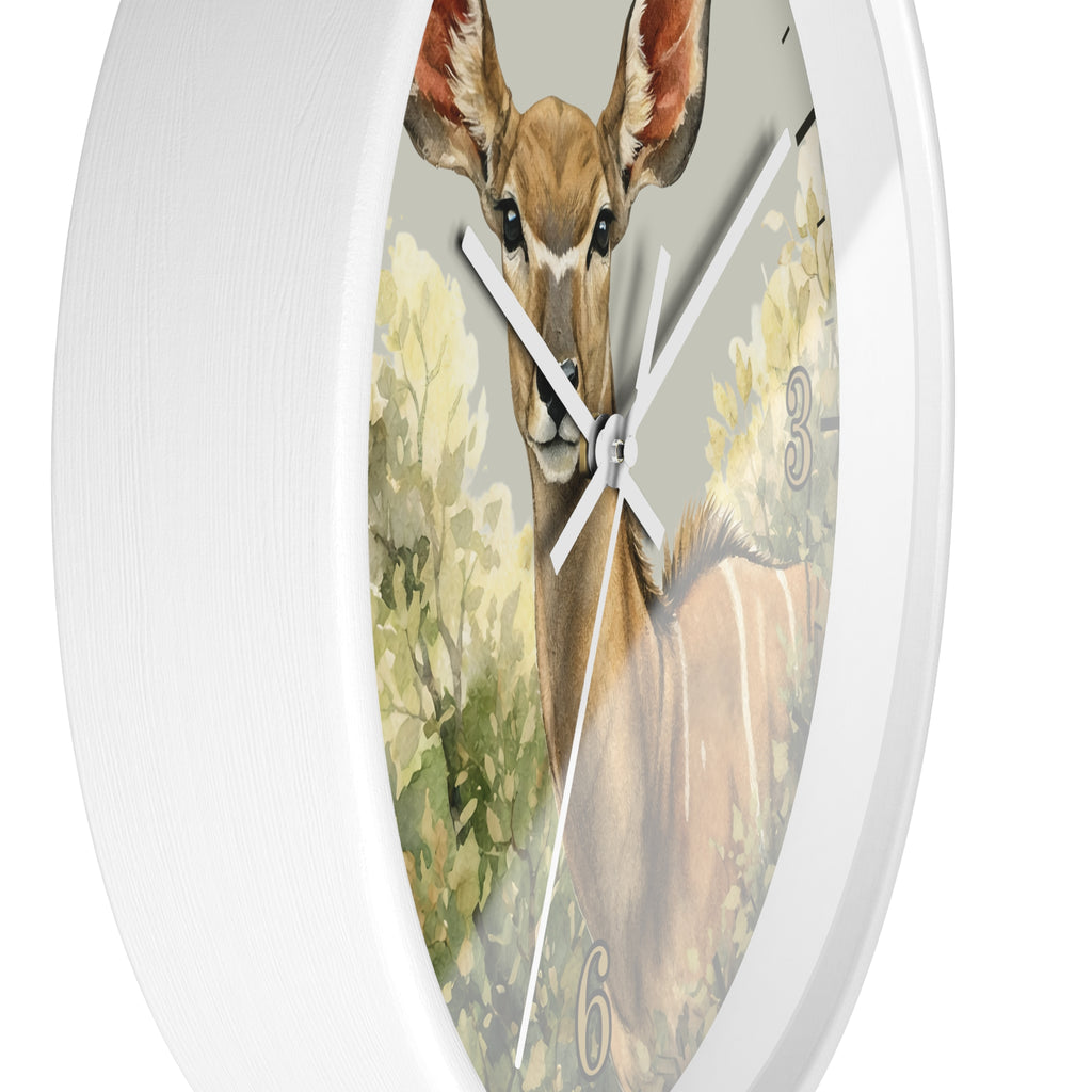 Round wall clock with a white frame and a printed deer illustration on the face, shown against a plain white background.