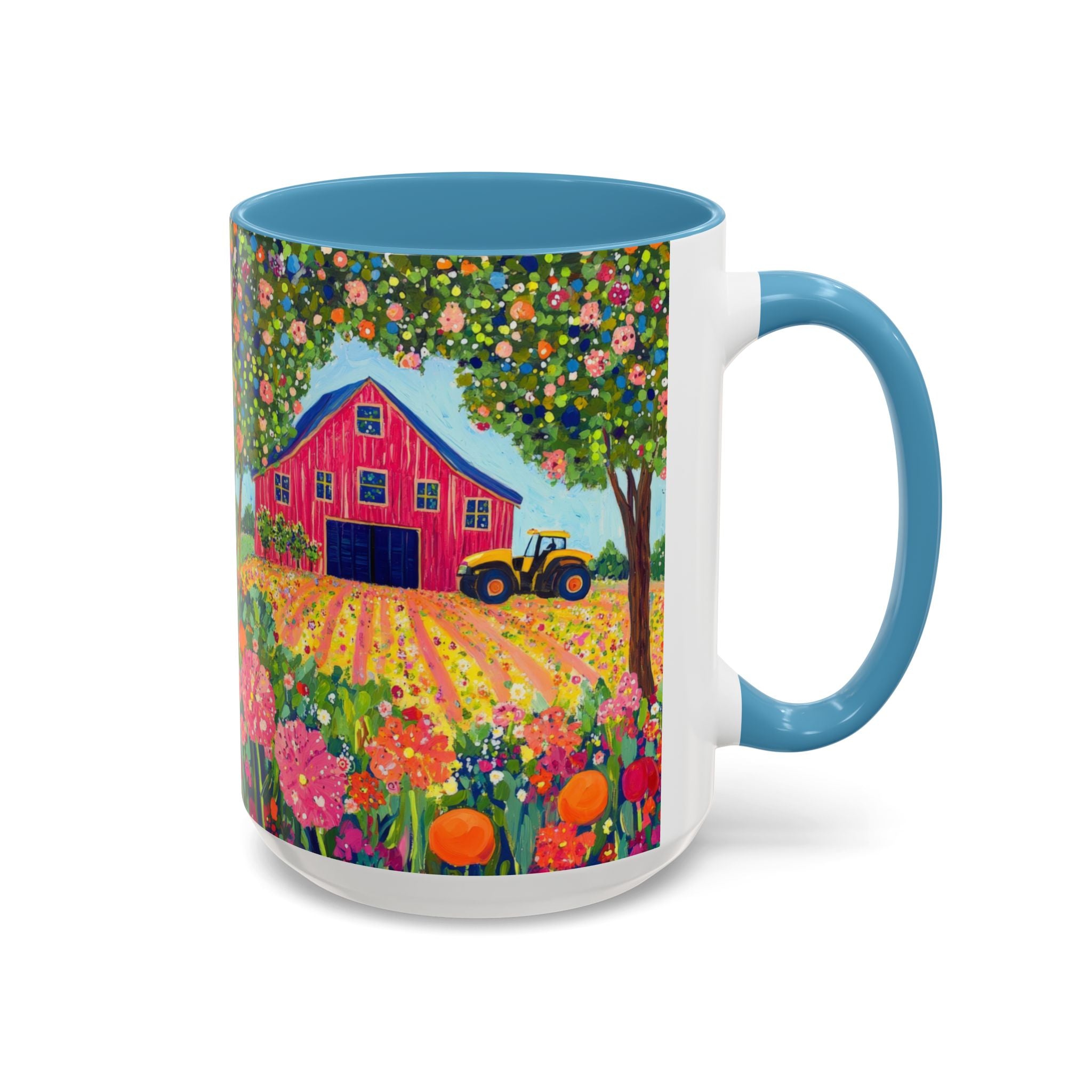 Mug with a colorful farm scene featuring a red barn and tractor on a white background
