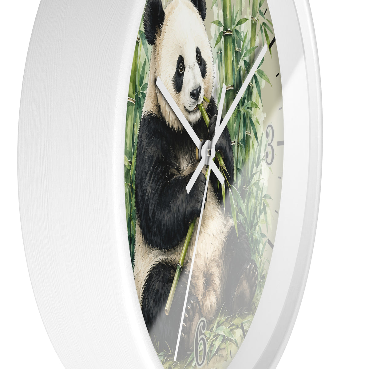 Oval white wall clock featuring a printed panda eating bamboo design on the face, with white hands and partial black Arabic numerals visible.