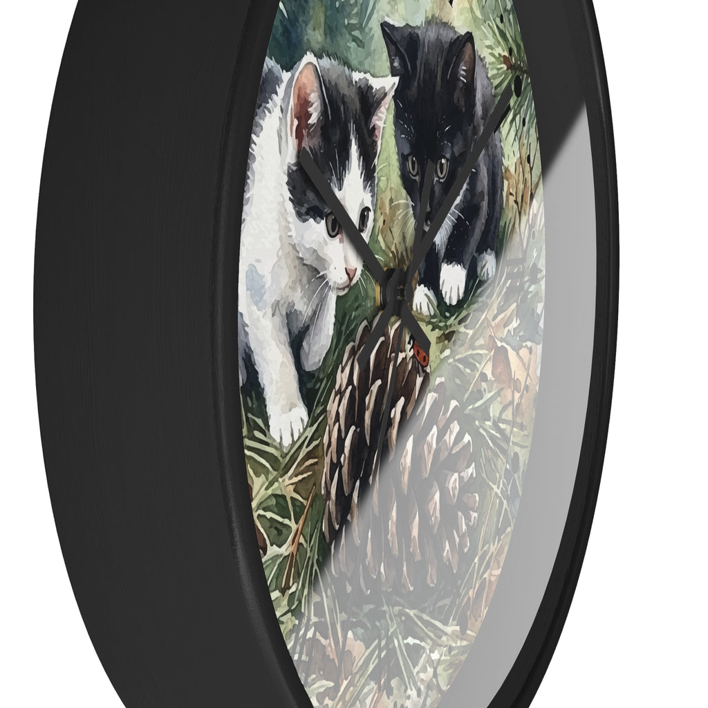 Watercolor Playful Kittens in the Pines Wood Wall Clock - Cat Lover Decor