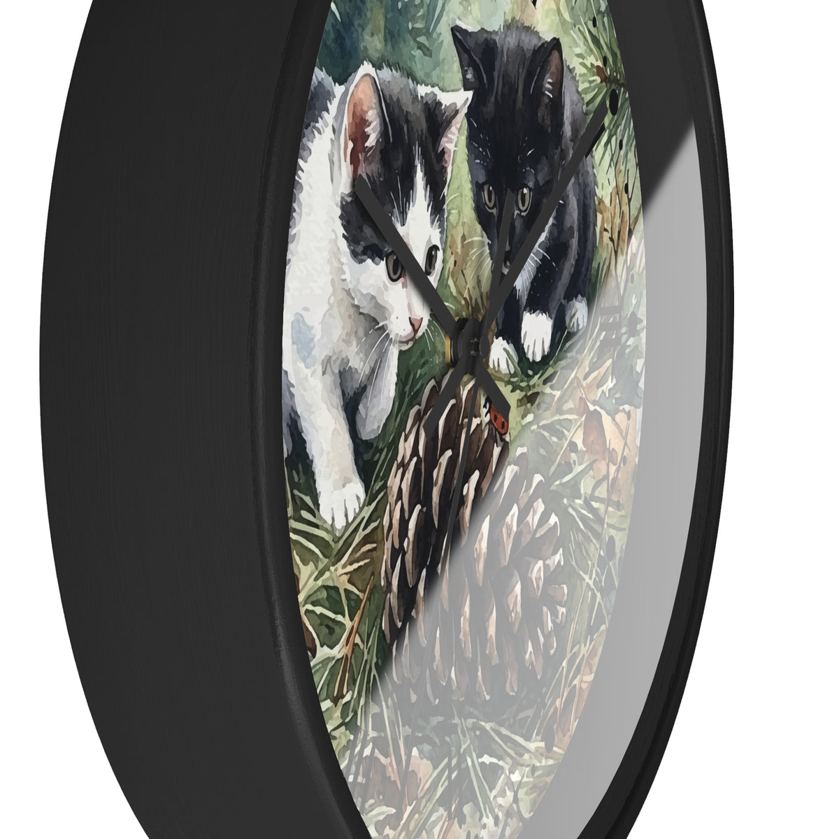 Watercolor Playful Kittens in the Pines Wood Wall Clock - Cat Lover Decor