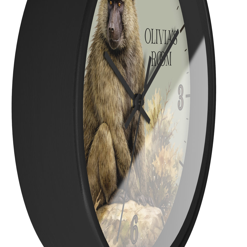 Custom Baboon Wall Clock — Personalized Name Safari Animal Nursery Decor