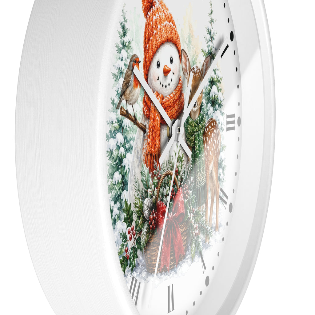 Holiday Snowman Robin Bird & Fawn Wall Clock — Festive Christmas Decor