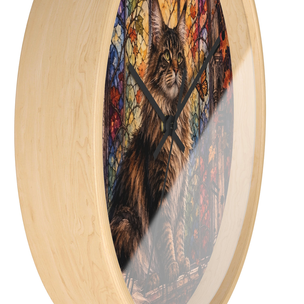 Main Coon Tabby Stained Glass Cat Wood Wall Clock