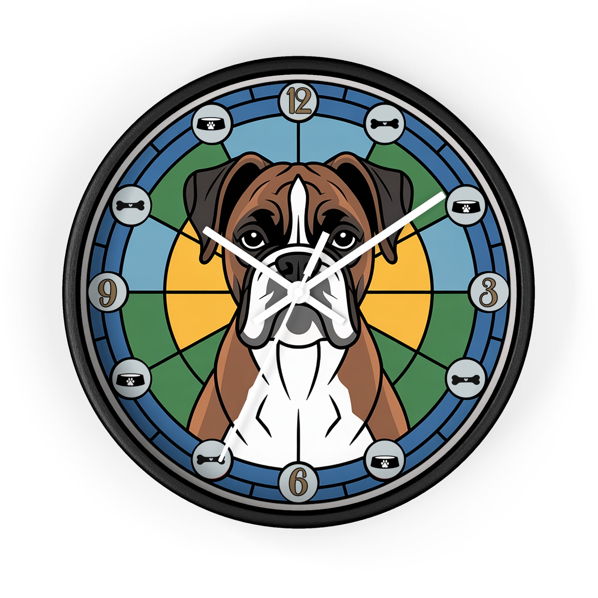 Wall clock with a dog illustration on a colorful background