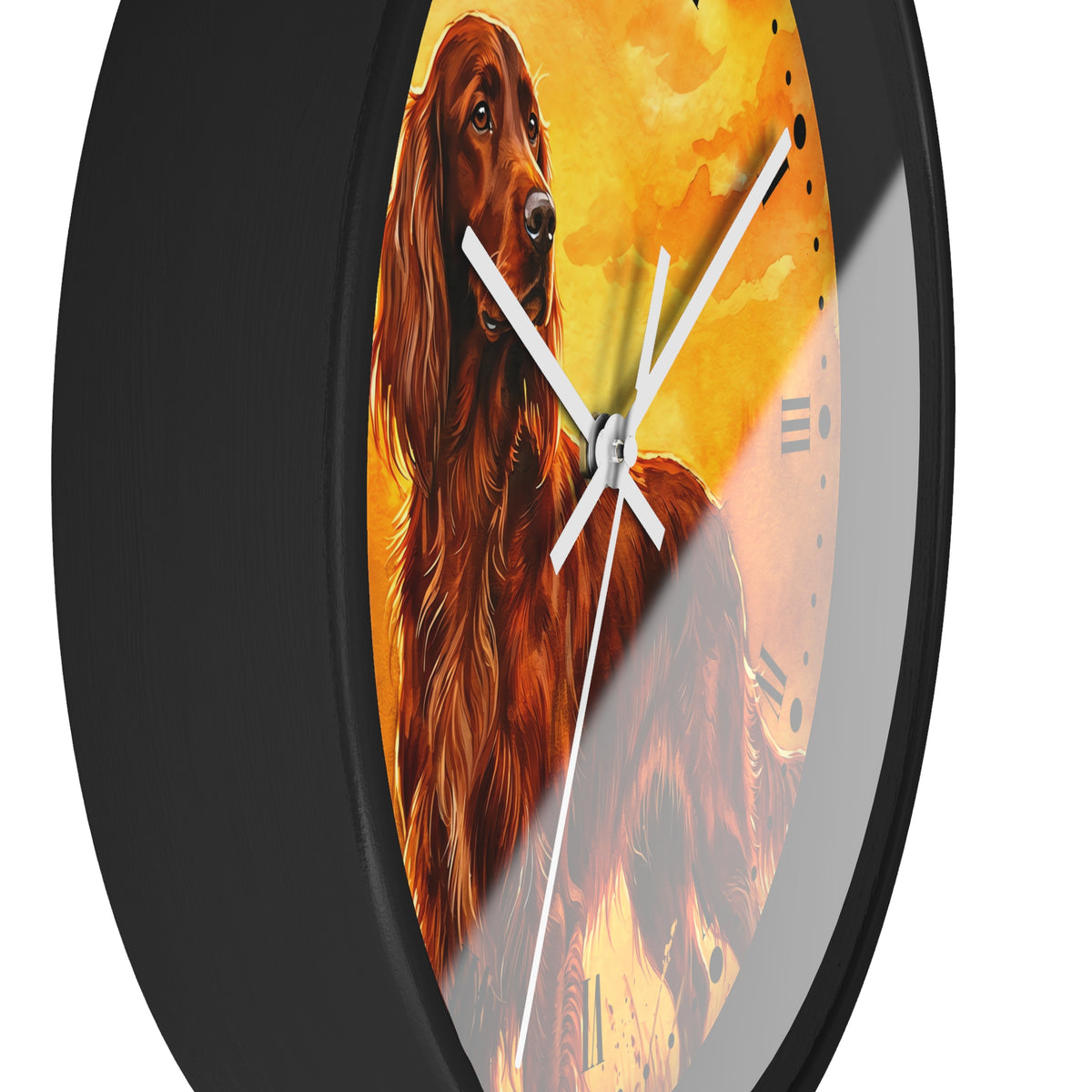 Round wall clock with a black frame and a printed dog artwork on the face, shown against a plain white background.