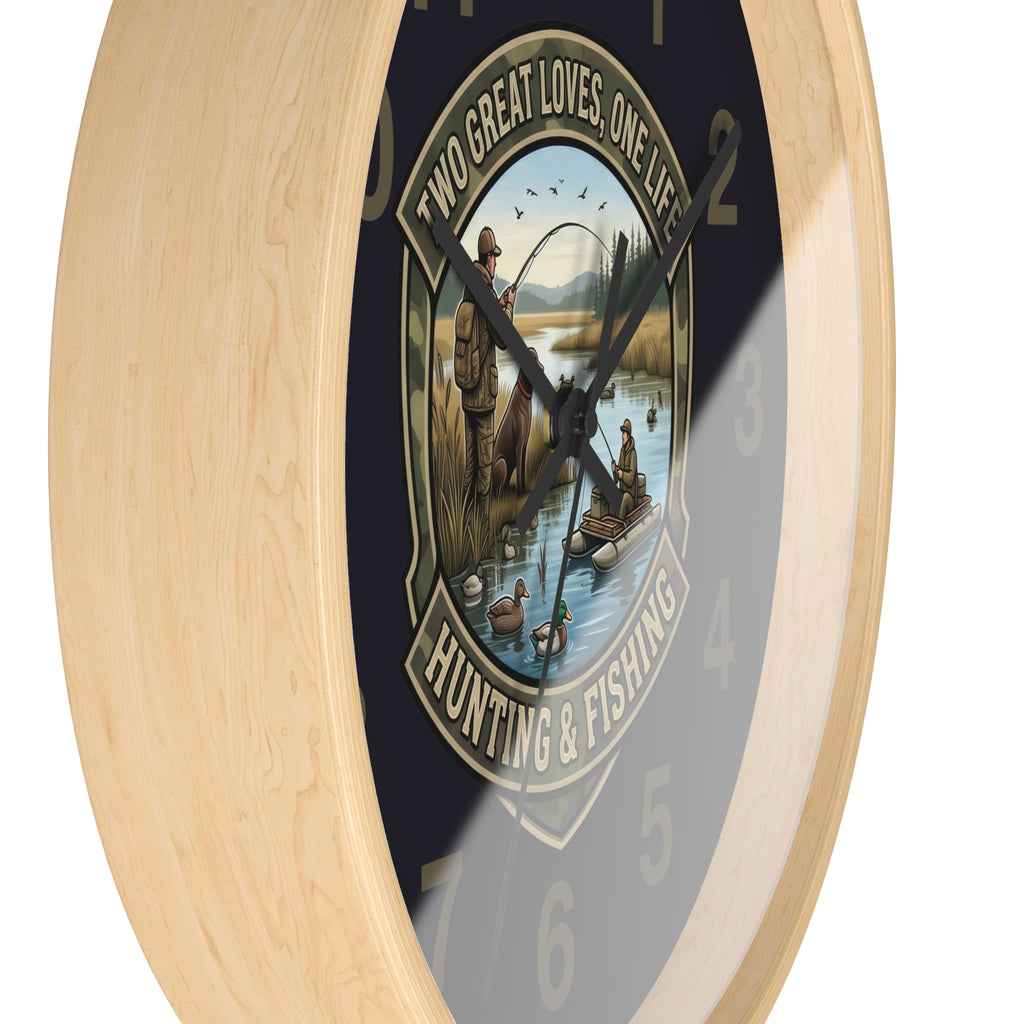 Hunting & Fishing Wall Clock — “Two Great Loves, One Life” Rustic Outdoors Decor