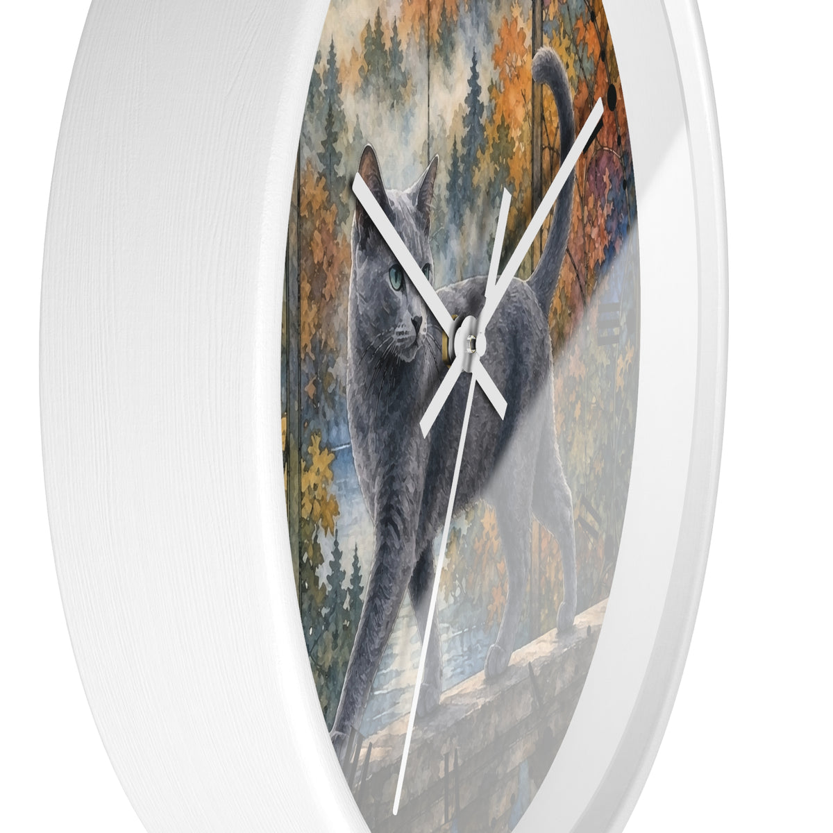 Majestic Gray Cat in Autumn Forest Wall Clock