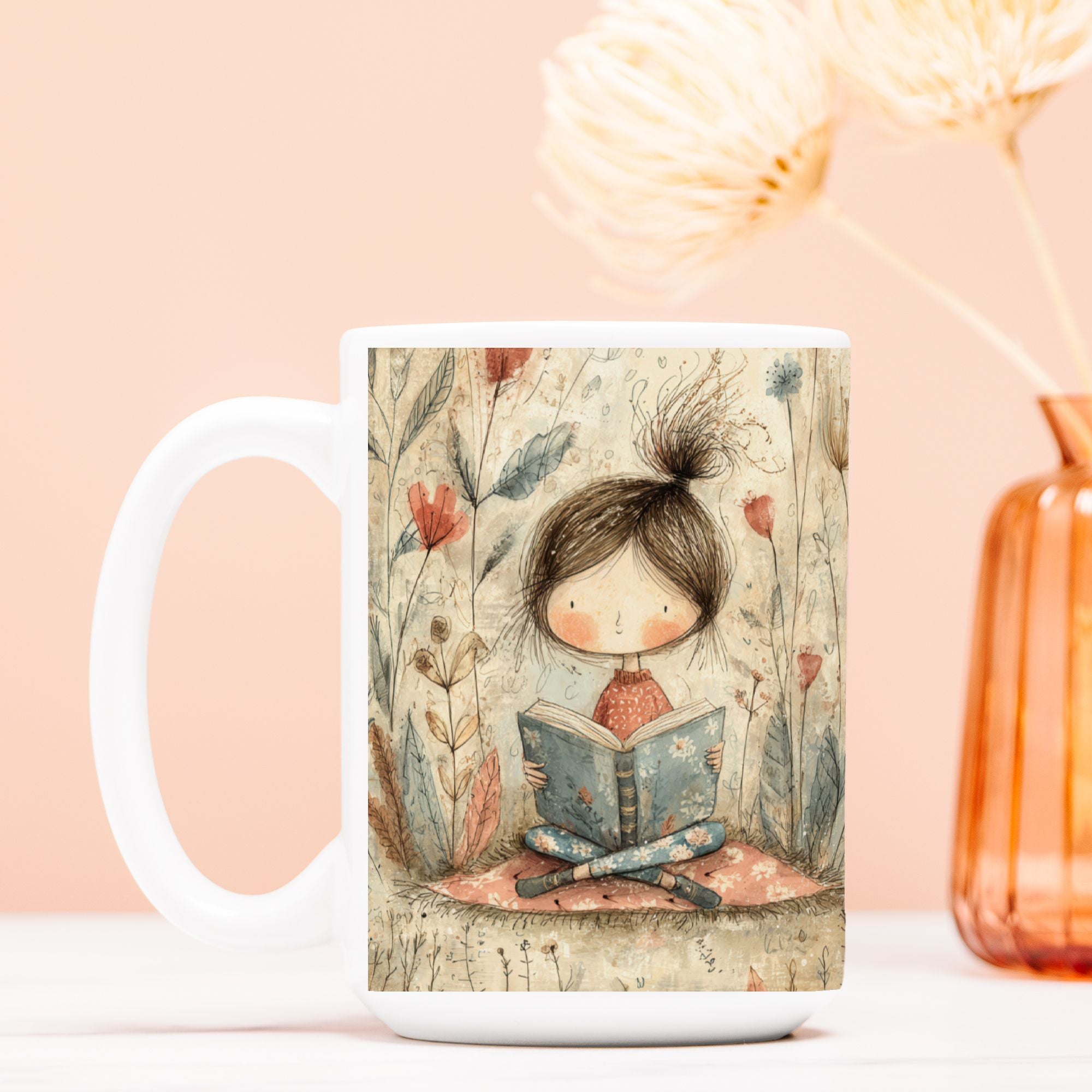 Mug with a design of a girl reading a book on a pink background