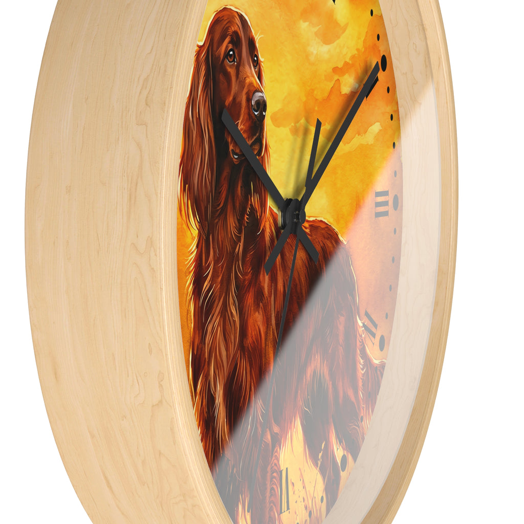 Round wall clock with a light natural wood frame and a printed illustration of a long-haired reddish-brown dog against a warm yellow-orange background. The clock face includes black hands, black Roman numerals, and a visible diagonal reflection on the glass.