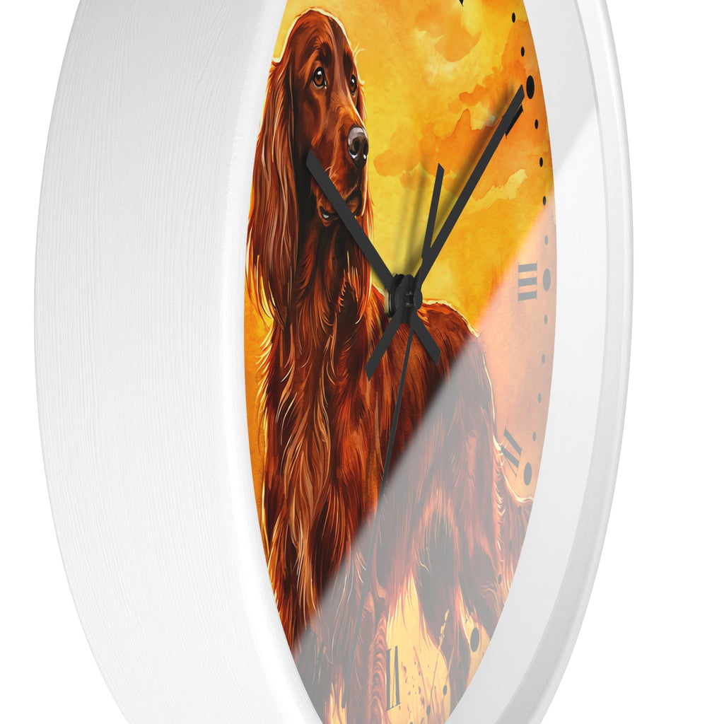 Round wall clock with a white frame and a printed illustration of a long-haired reddish-brown dog on a warm yellow-orange background, shown against a white backdrop.