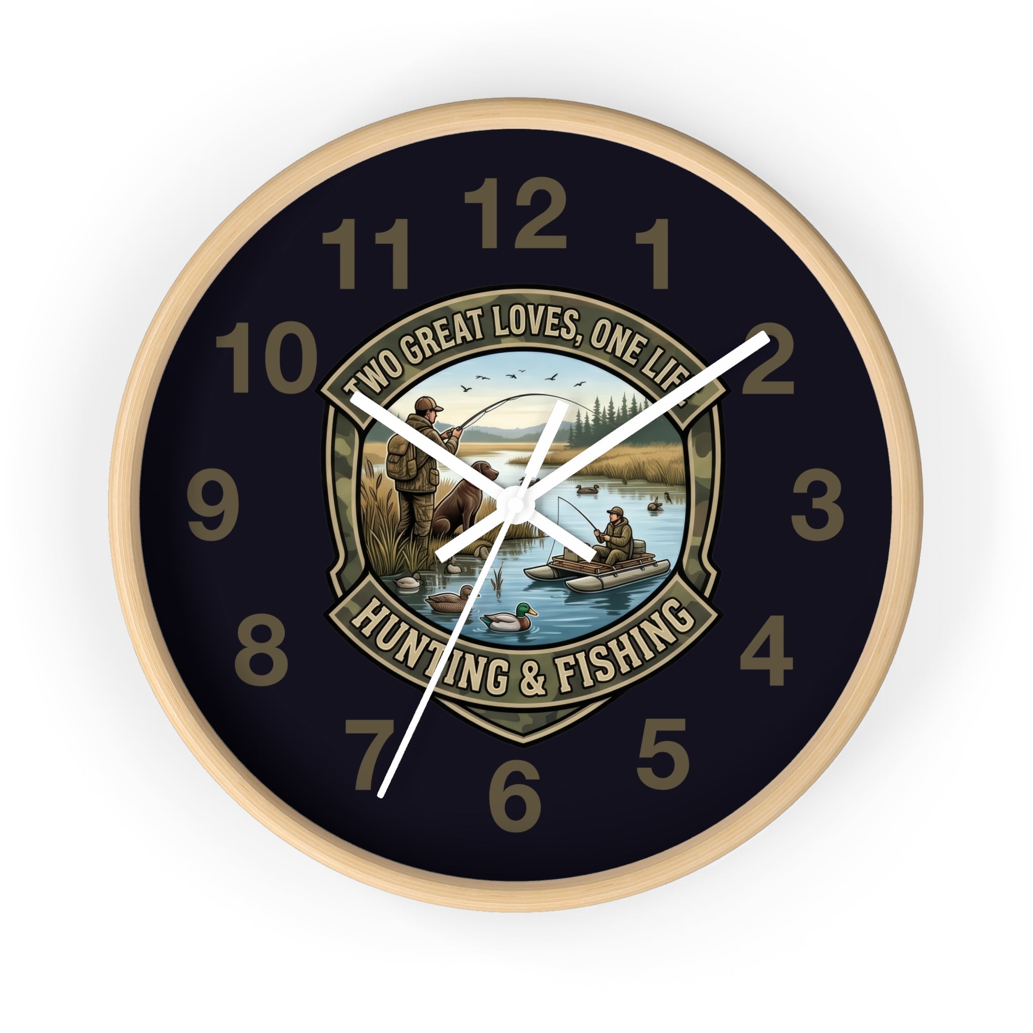 Hunting & Fishing Wall Clock — “Two Great Loves, One Life” Rustic Outdoors Decor