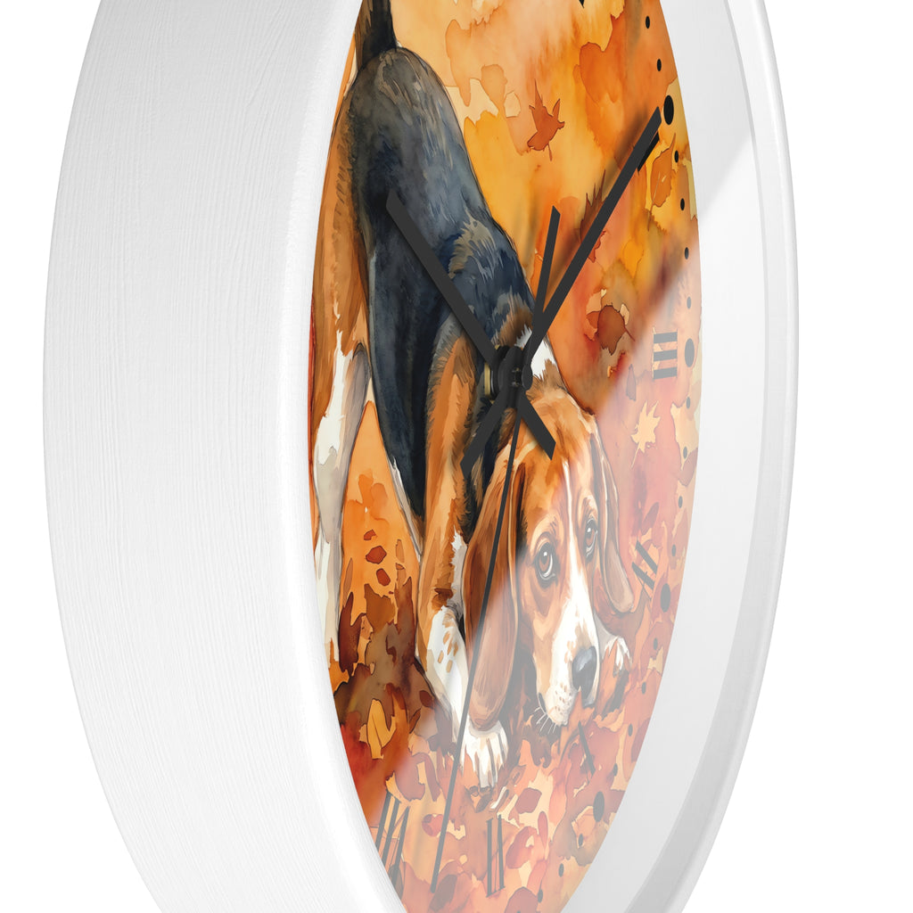 Round wall clock with a white frame and a printed illustration of a basset hound surrounded by autumn leaves, shown against a plain white background.