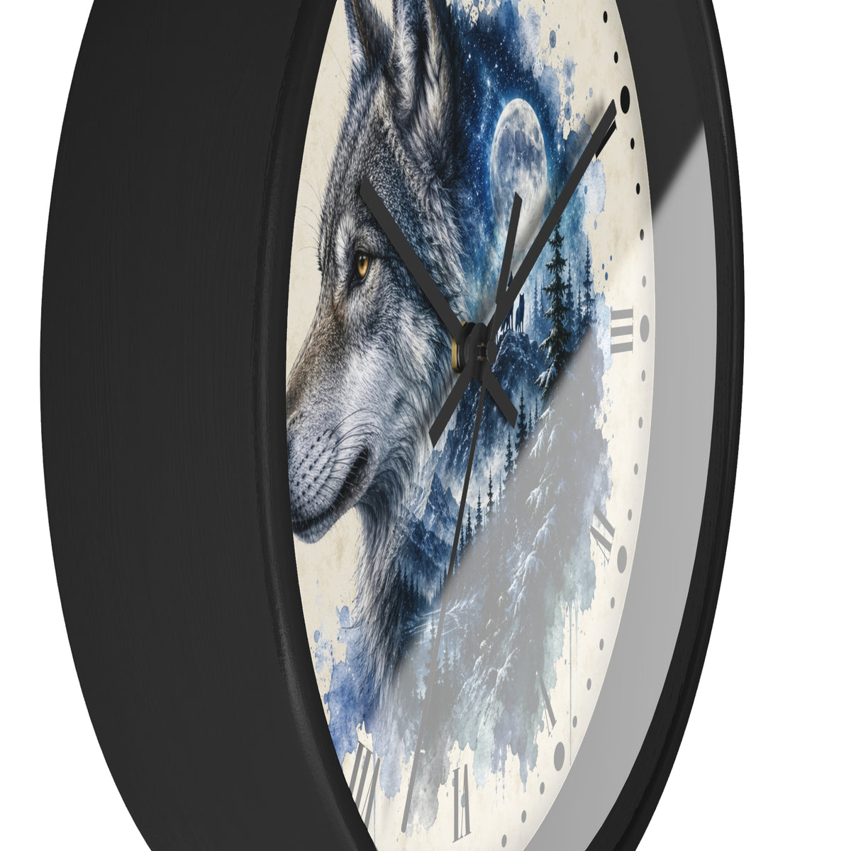 A round wall clock with a black frame and a printed face featuring a wolf illustration over a blue moonlit forest scene with Roman numerals.